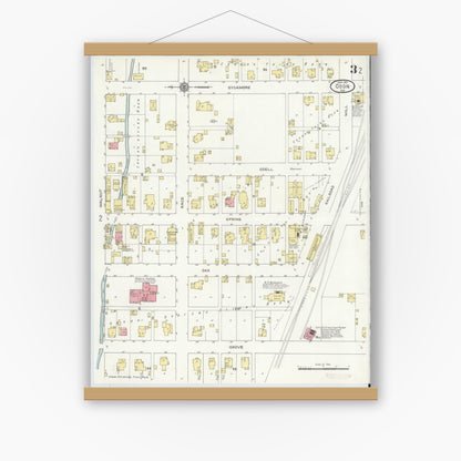 Old map wall art mockup — magnetic wood frame on white wall — Sanborn Fire Insurance Map from Odon, Daviess County, Indiana (1913), Sheet #0003