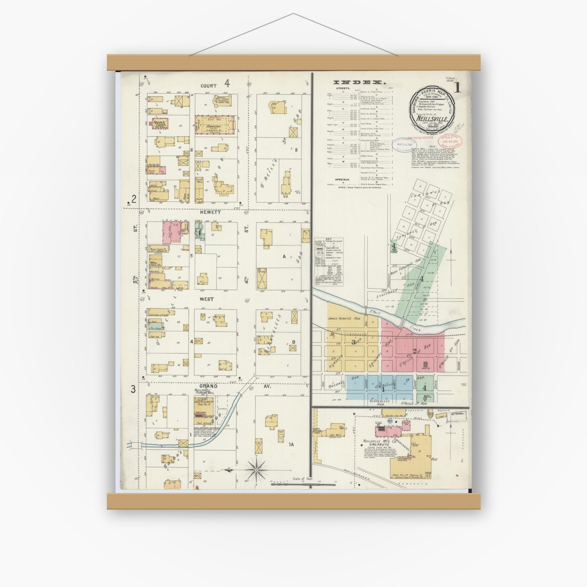 Old map wall art mockup — magnetic wood frame on white wall — Sanborn Fire Insurance Map from Neillsville, Clark County, Wisconsin (1897) - Complete Map Set