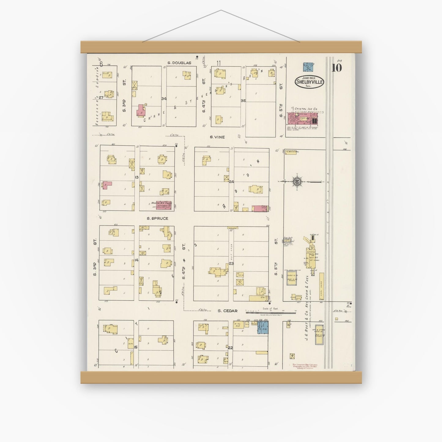 Old map wall art mockup — magnetic wood frame on white wall — Sanborn Fire Insurance Map from Shelbyville, Shelby County, Illinois (1922), Sheet #0010