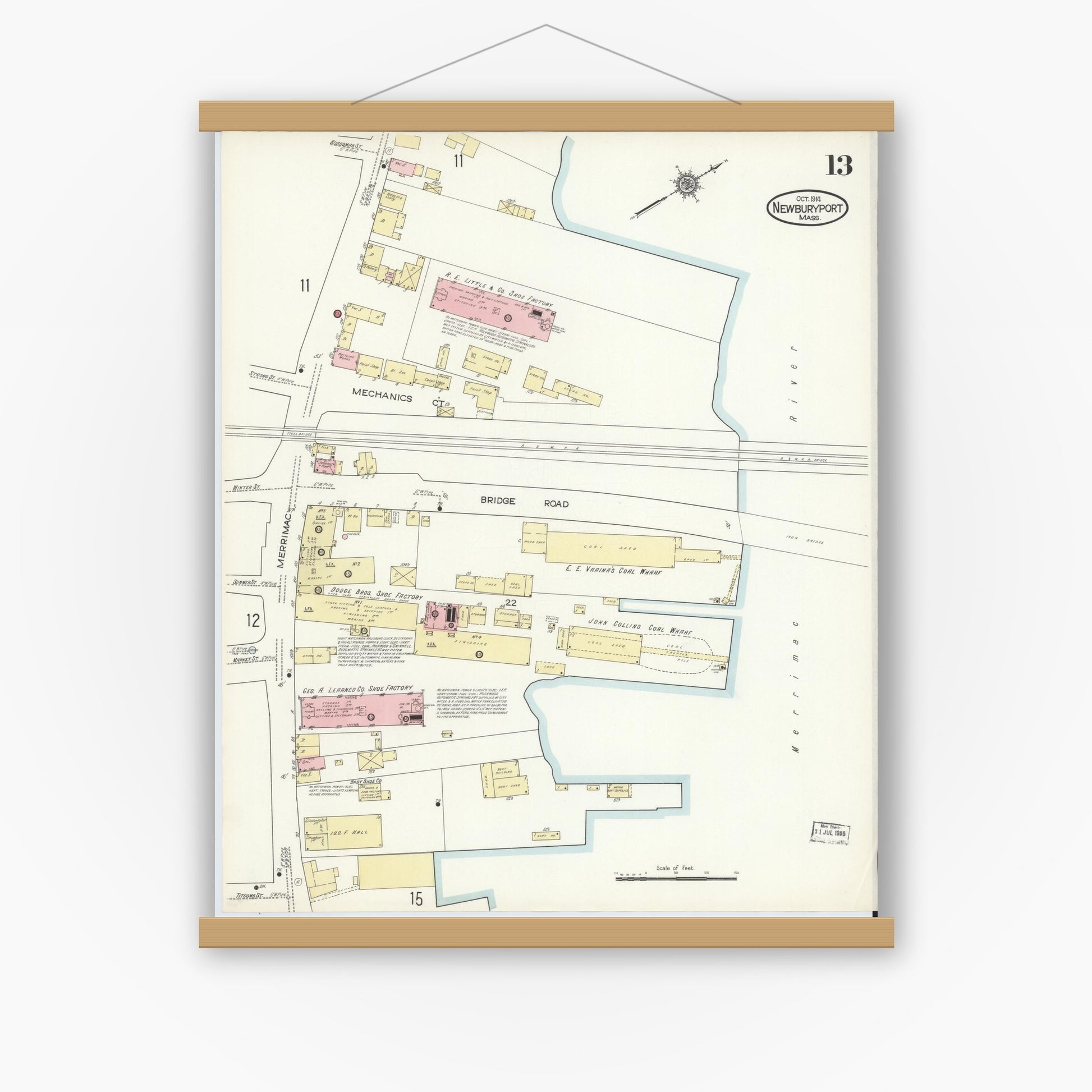 Old map wall art mockup — magnetic wood frame on white wall — Sanborn Fire Insurance Map from Newburyport, Essex County, Massachusetts (1914), Sheet #0013