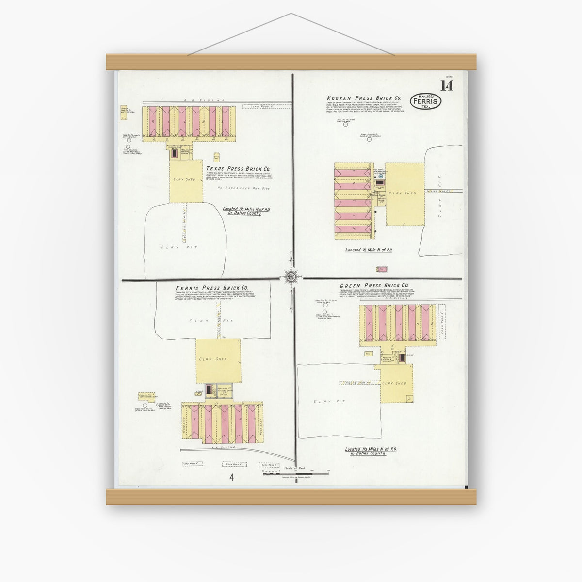 Old map wall art mockup — magnetic wood frame on white wall — Sanborn Fire Insurance Map from Ferris, Ellis County, Texas (1921), Sheet #0014