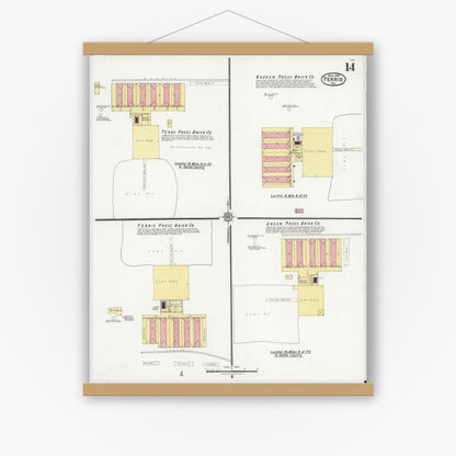 Old map wall art mockup — magnetic wood frame on white wall — Sanborn Fire Insurance Map from Ferris, Ellis County, Texas (1921), Sheet #0014