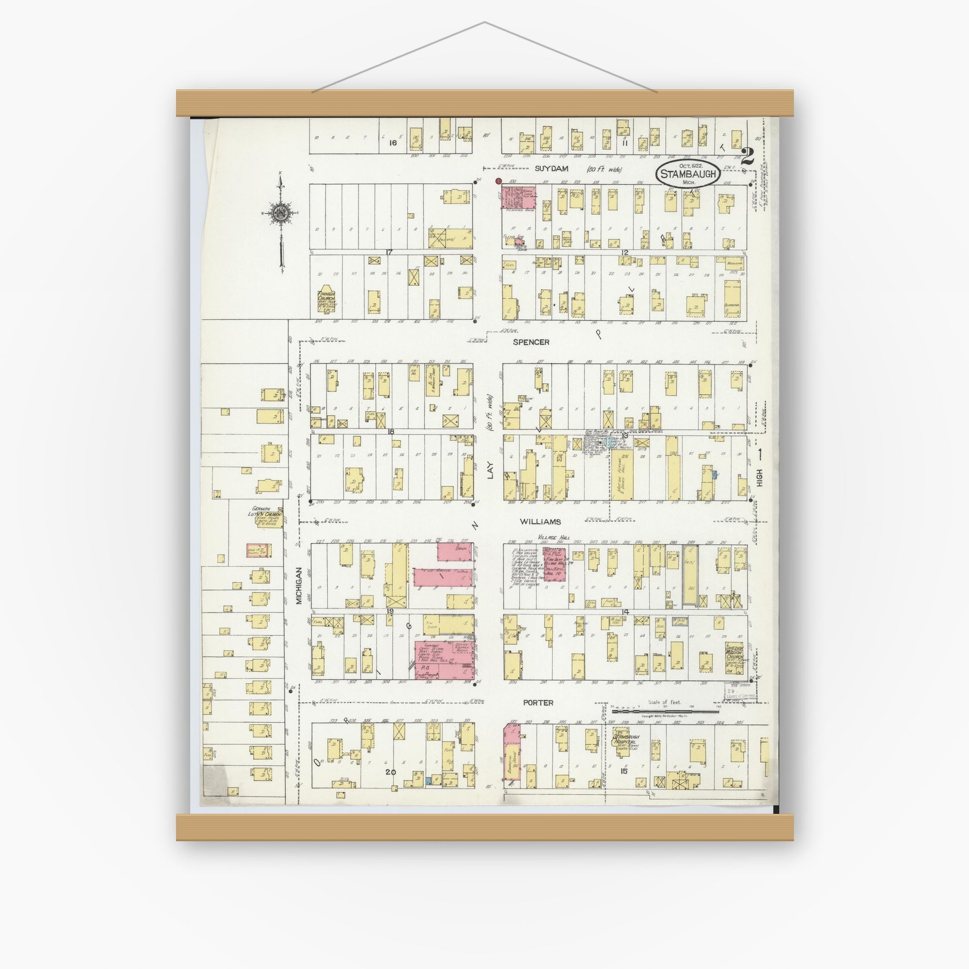 Old map wall art mockup — magnetic wood frame on white wall — Sanborn Fire Insurance Map from Stambaugh, Iron County, Michigan (1922), Sheet #0002