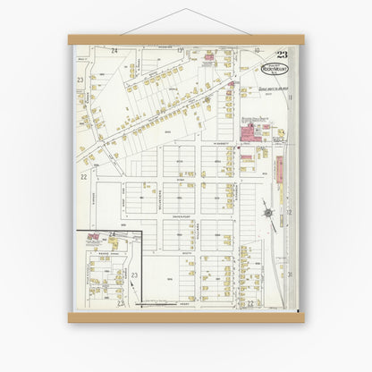 Old map wall art mockup — magnetic wood frame on white wall — Sanborn Fire Insurance Map from Rocky Mount, Edgecombe And Nash Counties, North Carolina (1917), Sheet #0023