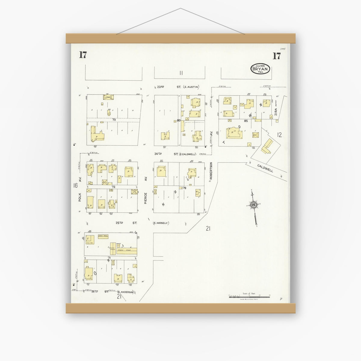 Old map wall art mockup — magnetic wood frame on white wall — Sanborn Fire Insurance Map from Bryan, Brazos County, Texas (1925), Sheet #0017