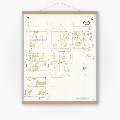 Old map wall art mockup — magnetic wood frame on white wall — Sanborn Fire Insurance Map from Bryan, Brazos County, Texas (1925), Sheet #0017