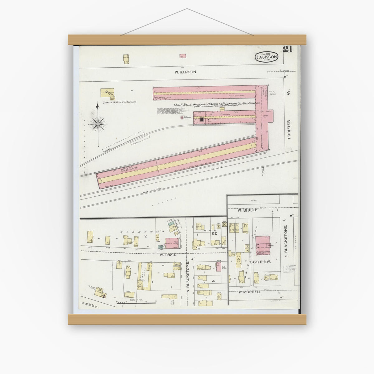 Old map wall art mockup — magnetic wood frame on white wall — Sanborn Fire Insurance Map from Jackson, Jackson County, Michigan (1893), Sheet #0021