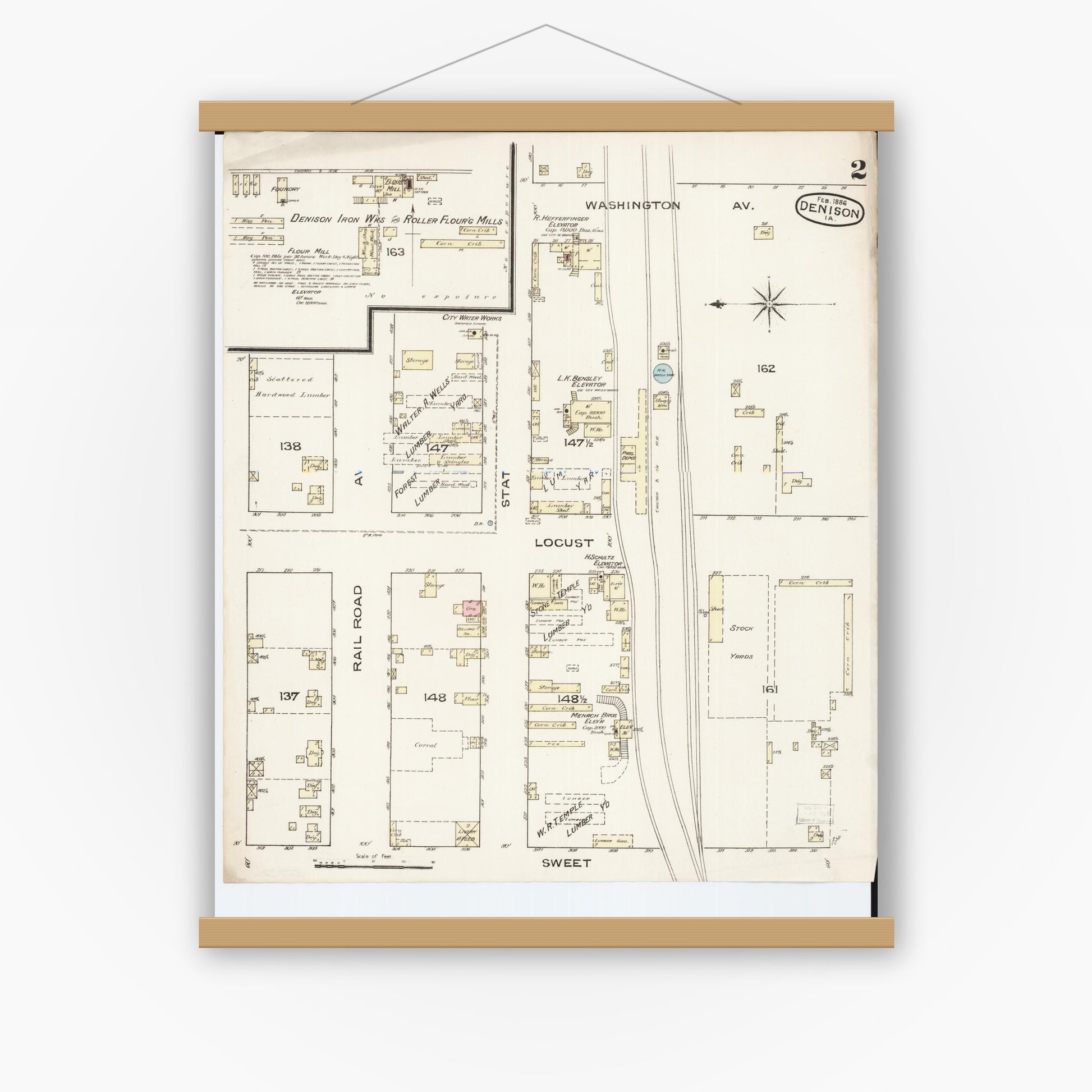Old map wall art mockup — magnetic wood frame on white wall — Sanborn Fire Insurance Map from Denison, Crawford County, Iowa (1886), Sheet #0002