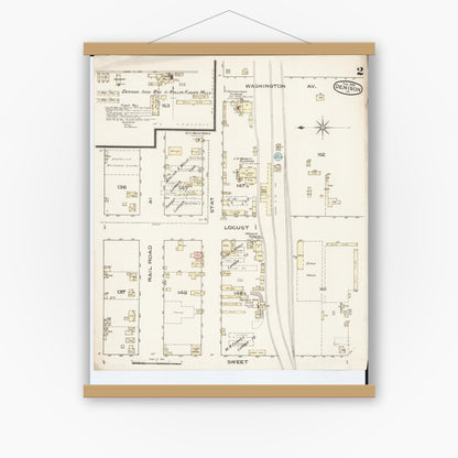Old map wall art mockup — magnetic wood frame on white wall — Sanborn Fire Insurance Map from Denison, Crawford County, Iowa (1886), Sheet #0002