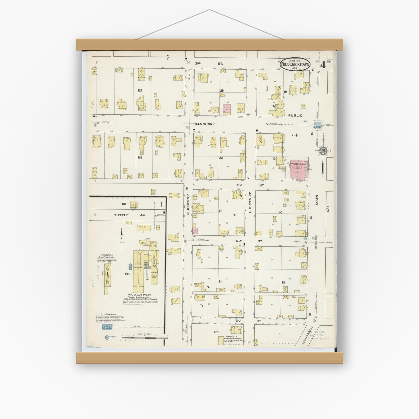Old map wall art mockup — magnetic wood frame on white wall — Sanborn Fire Insurance Map from Fredericktown, Knox County, Ohio (1915), Sheet #0004