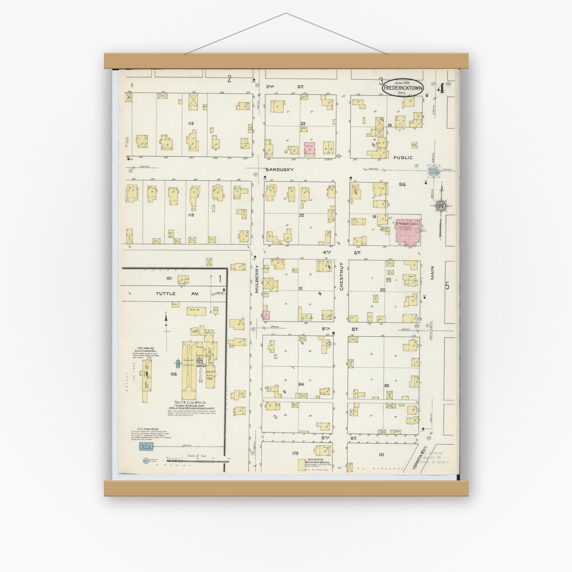 Old map wall art mockup — magnetic wood frame on white wall — Sanborn Fire Insurance Map from Fredericktown, Knox County, Ohio (1915), Sheet #0004
