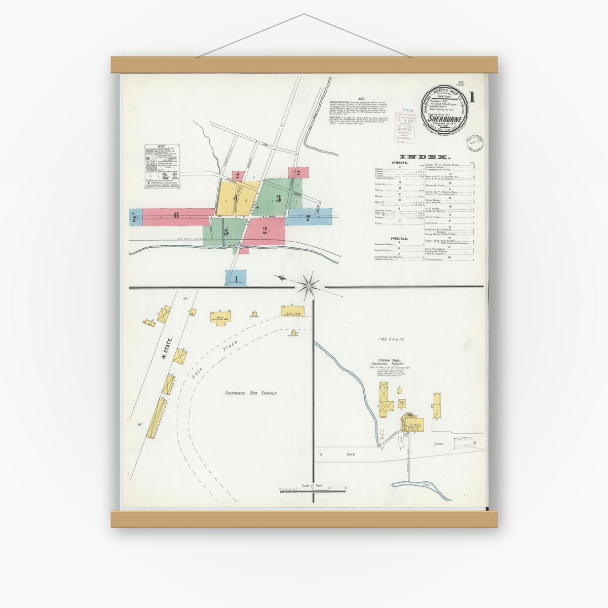 Old map wall art mockup — magnetic wood frame on white wall — Sanborn Fire Insurance Map from Sherburne, Chenango County, New York (1900) - Complete Map Set