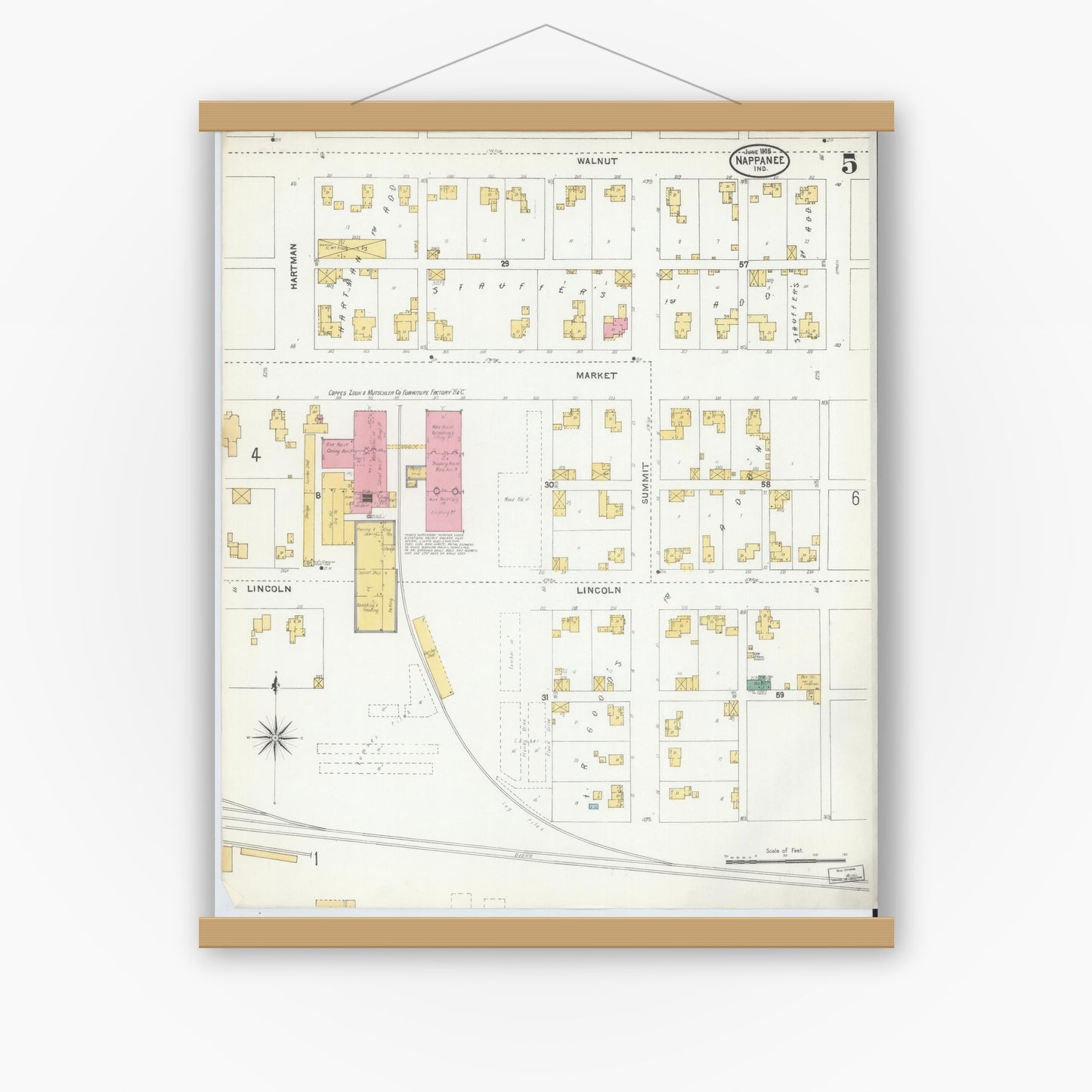Old map wall art mockup — magnetic wood frame on white wall — Sanborn Fire Insurance Map from Nappanee, Elkhart County, Indiana (1905), Sheet #0005