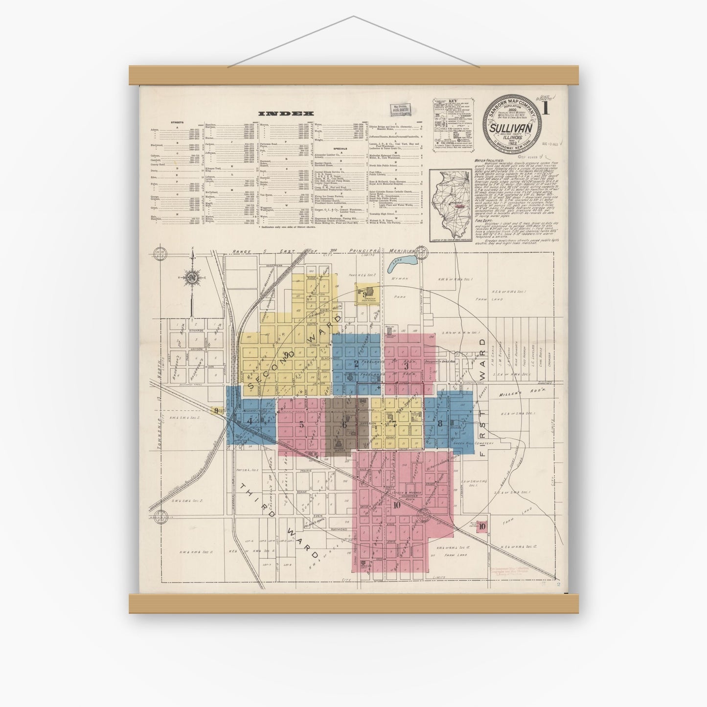 Old map wall art mockup — magnetic wood frame on white wall — Sanborn Fire Insurance Map from Sullivan, Moultrie County, Illinois (1922), Sheet #0001