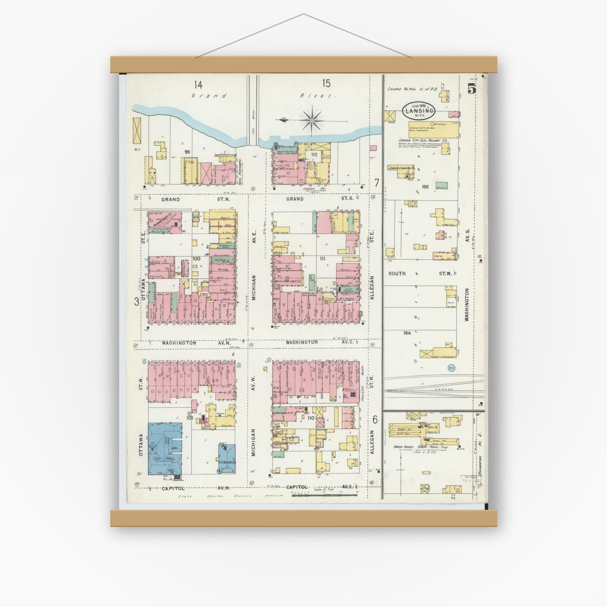 Old map wall art mockup — magnetic wood frame on white wall — Sanborn Fire Insurance Map from Lansing, Ingham County, Michigan (1898), Sheet #0005