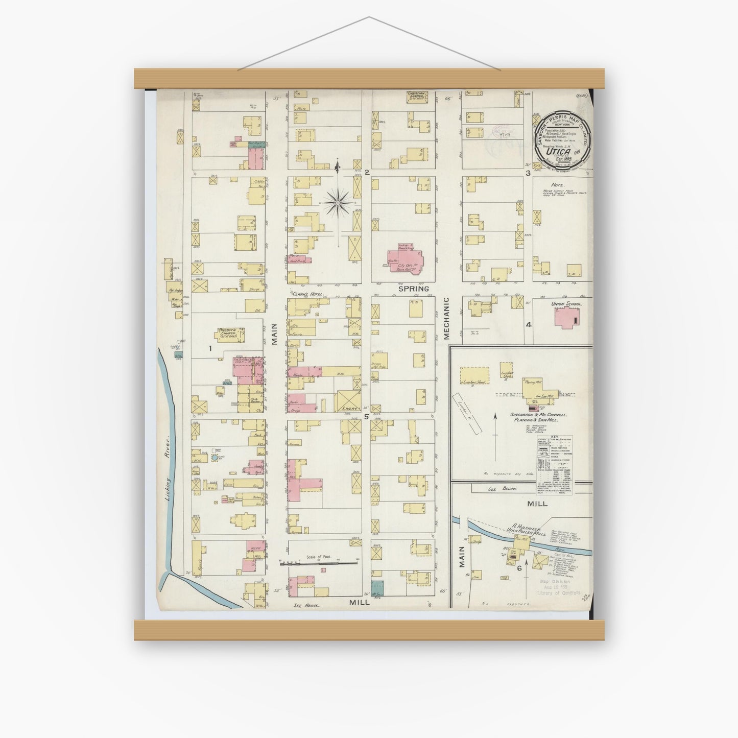 Old map wall art mockup — magnetic wood frame on white wall — Sanborn Fire Insurance Map from Utica, Licking County, Ohio (1893), Sheet #0001
