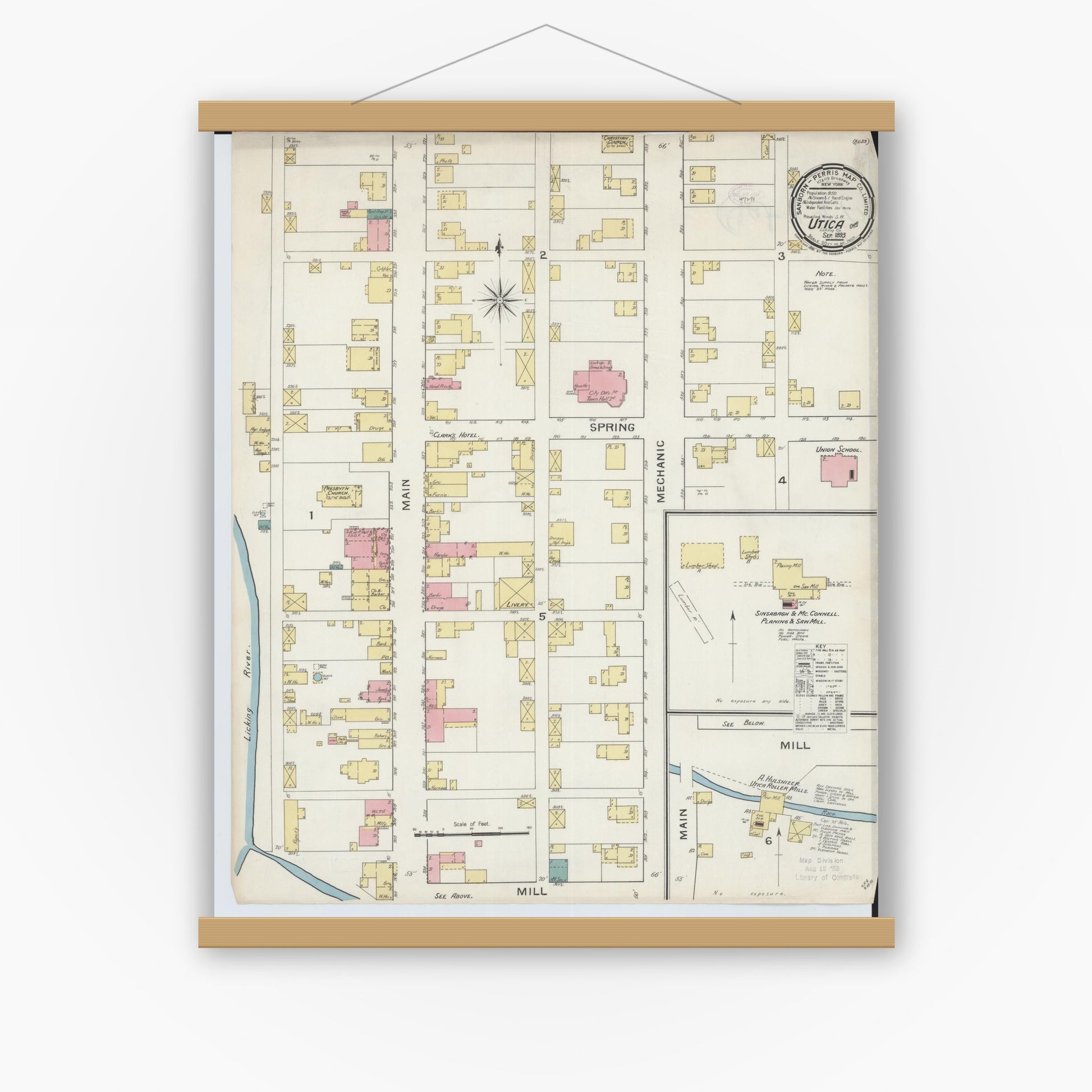 Old map wall art mockup — magnetic wood frame on white wall — Sanborn Fire Insurance Map from Utica, Licking County, Ohio (1893), Sheet #0001