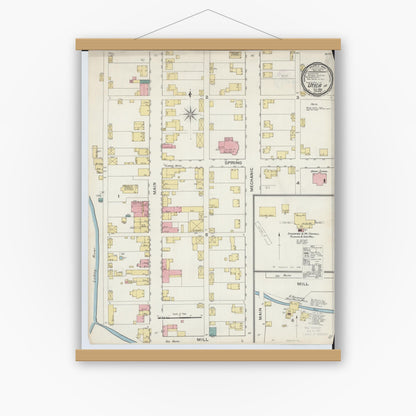 Old map wall art mockup — magnetic wood frame on white wall — Sanborn Fire Insurance Map from Utica, Licking County, Ohio (1893), Sheet #0001