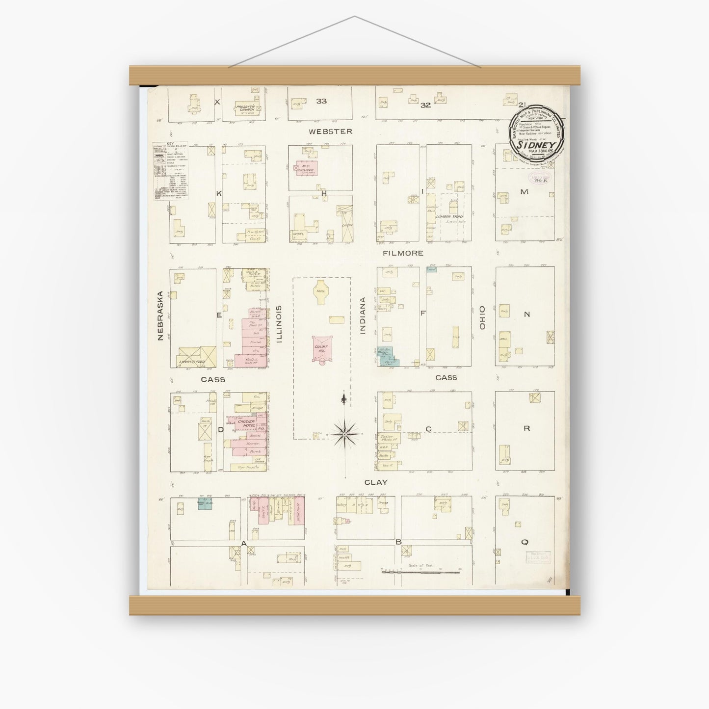 Old map wall art mockup — magnetic wood frame on white wall — Sanborn Fire Insurance Map from Sidney, Fremont County, Iowa (1886), Sheet #0001