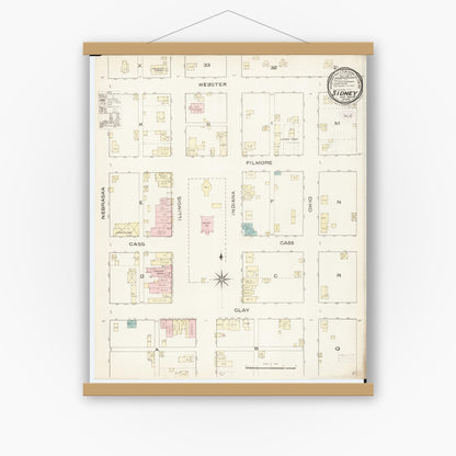 Old map wall art mockup — magnetic wood frame on white wall — Sanborn Fire Insurance Map from Sidney, Fremont County, Iowa (1886), Sheet #0001