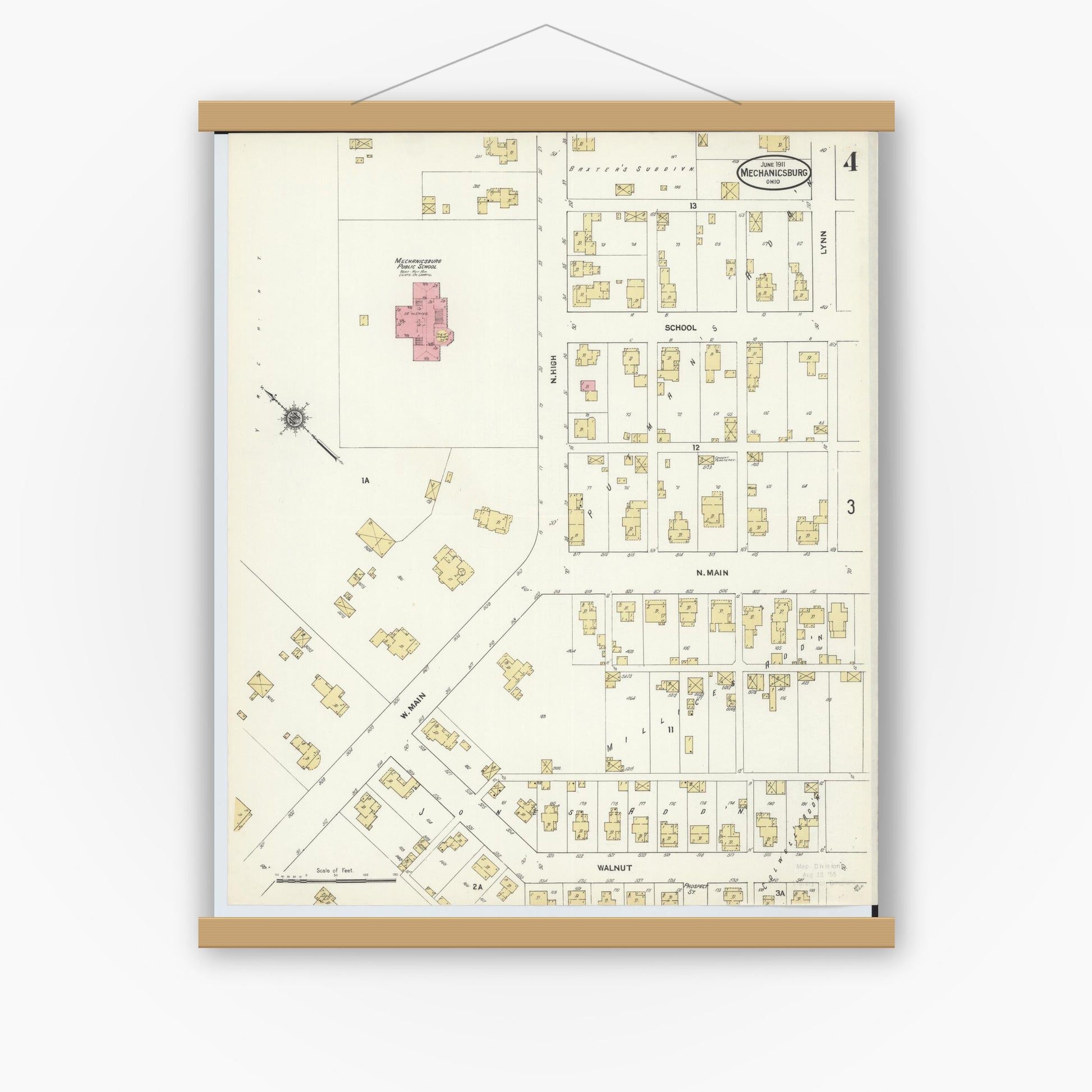 Old map wall art mockup — magnetic wood frame on white wall — Sanborn Fire Insurance Map from Mechanicsburg, Champaign County, Ohio (1911), Sheet #0004