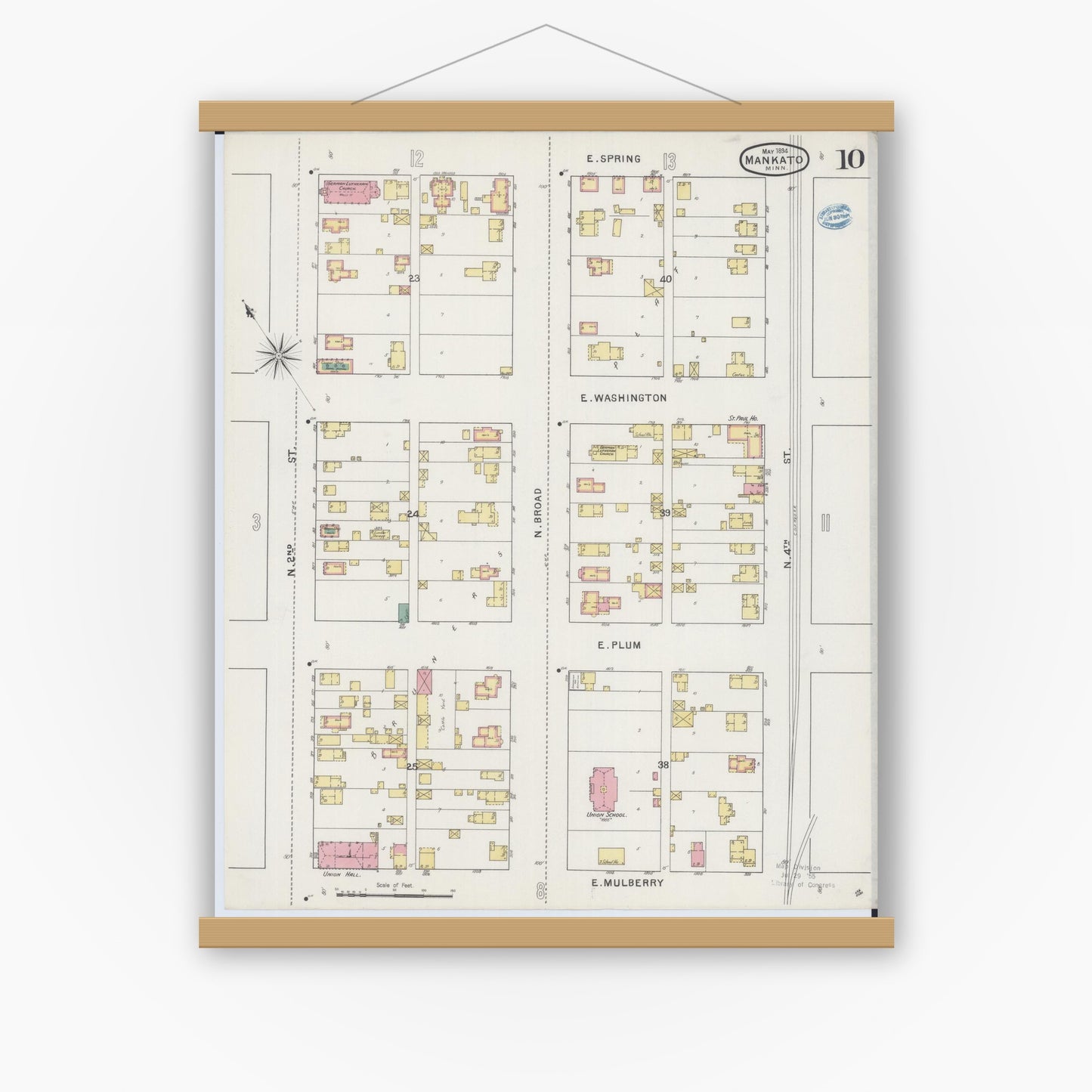 Old map wall art mockup — magnetic wood frame on white wall — Sanborn Fire Insurance Map from Mankato, Blue Earth County, Minnesota (1894), Sheet #0010