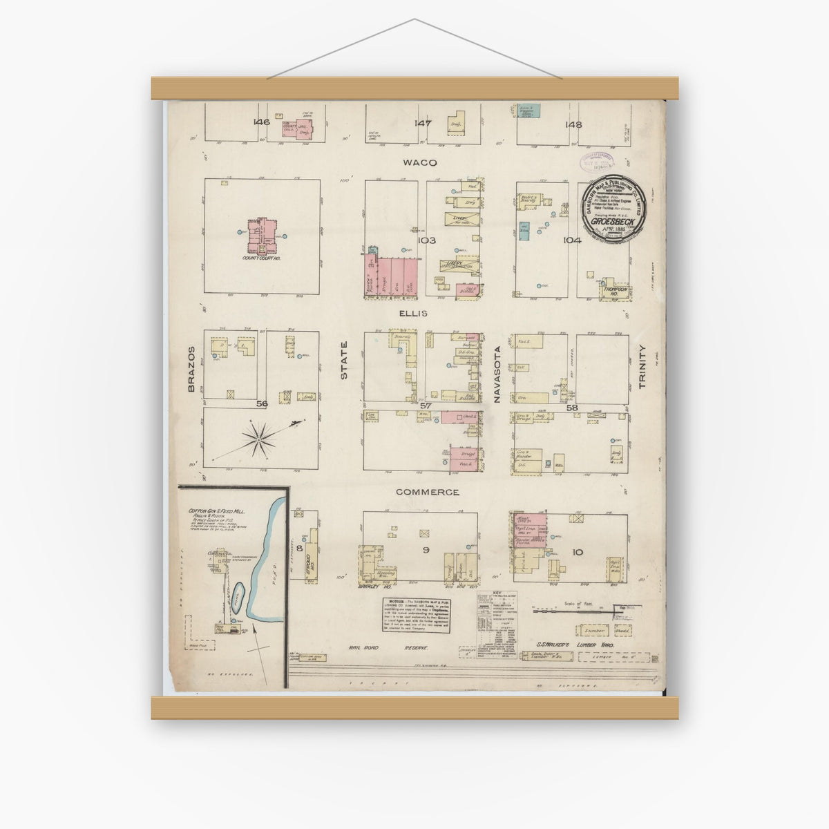 Old map wall art mockup — magnetic wood frame on white wall — Sanborn Fire Insurance Map from Groesbeck, Limestone County, Texas (1885), Sheet #0001