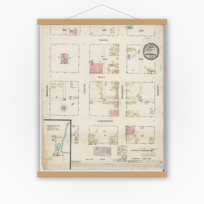 Old map wall art mockup — magnetic wood frame on white wall — Sanborn Fire Insurance Map from Groesbeck, Limestone County, Texas (1885), Sheet #0001
