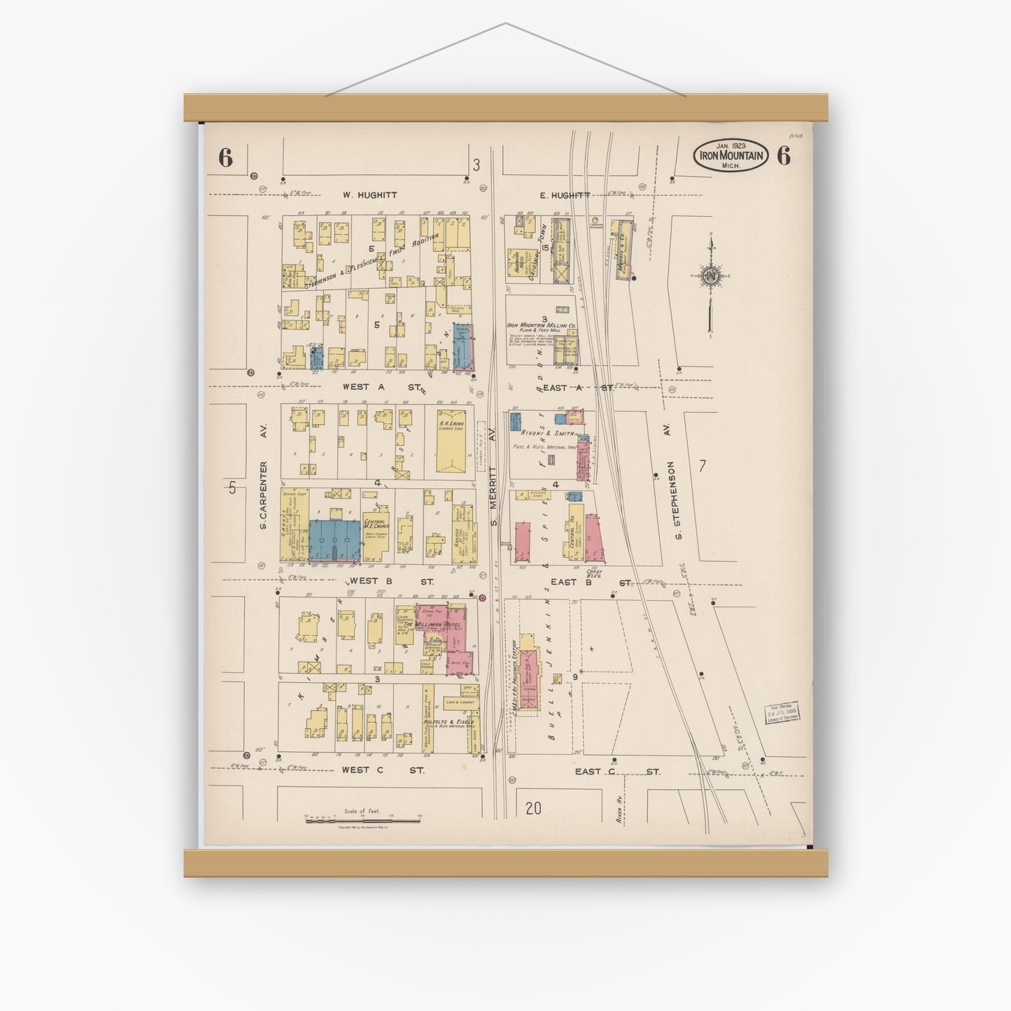 Old map wall art mockup — magnetic wood frame on white wall — Sanborn Fire Insurance Map from Iron Mountain, Dickinson County, Michigan (1923), Sheet #0006