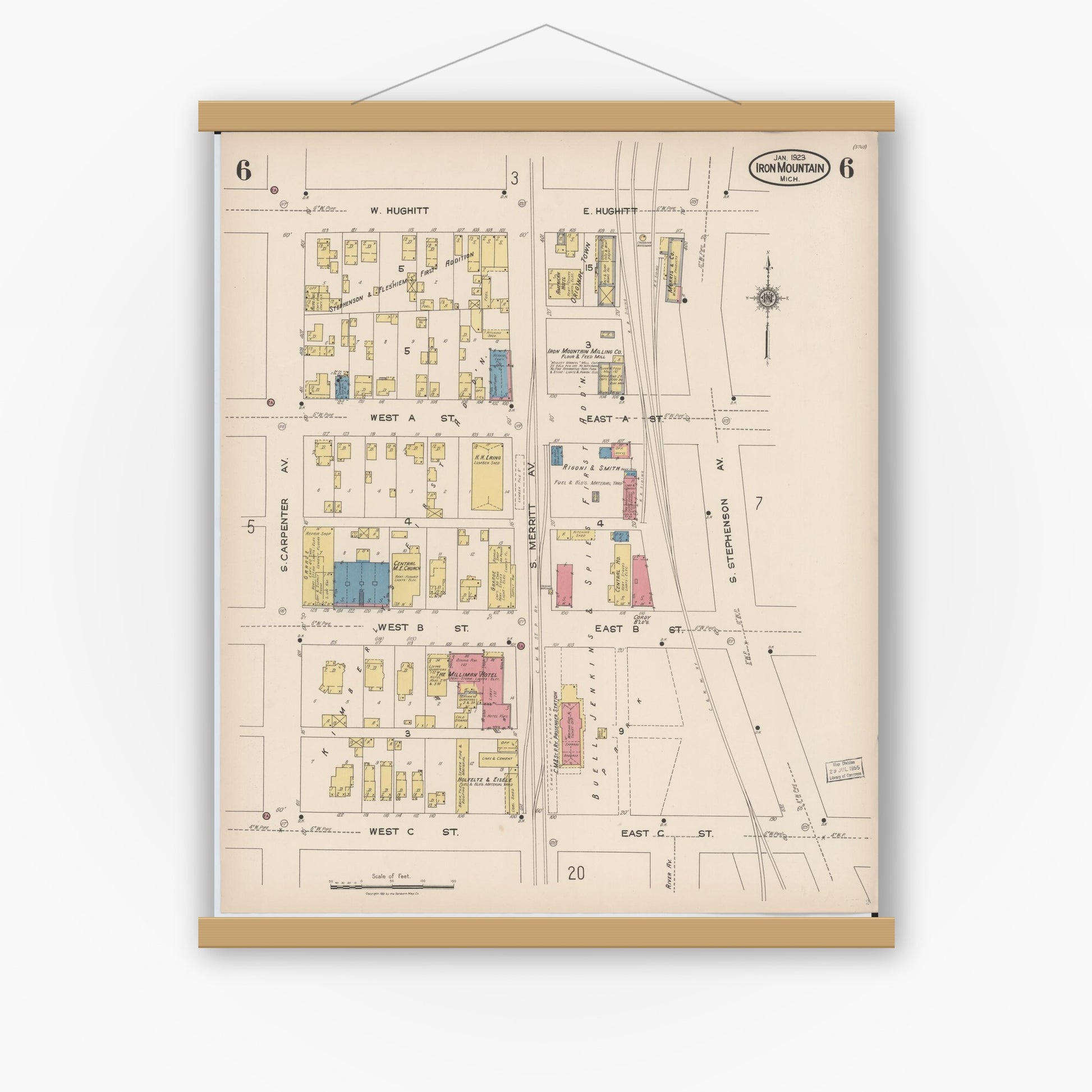 Old map wall art mockup — magnetic wood frame on white wall — Sanborn Fire Insurance Map from Iron Mountain, Dickinson County, Michigan (1923), Sheet #0006