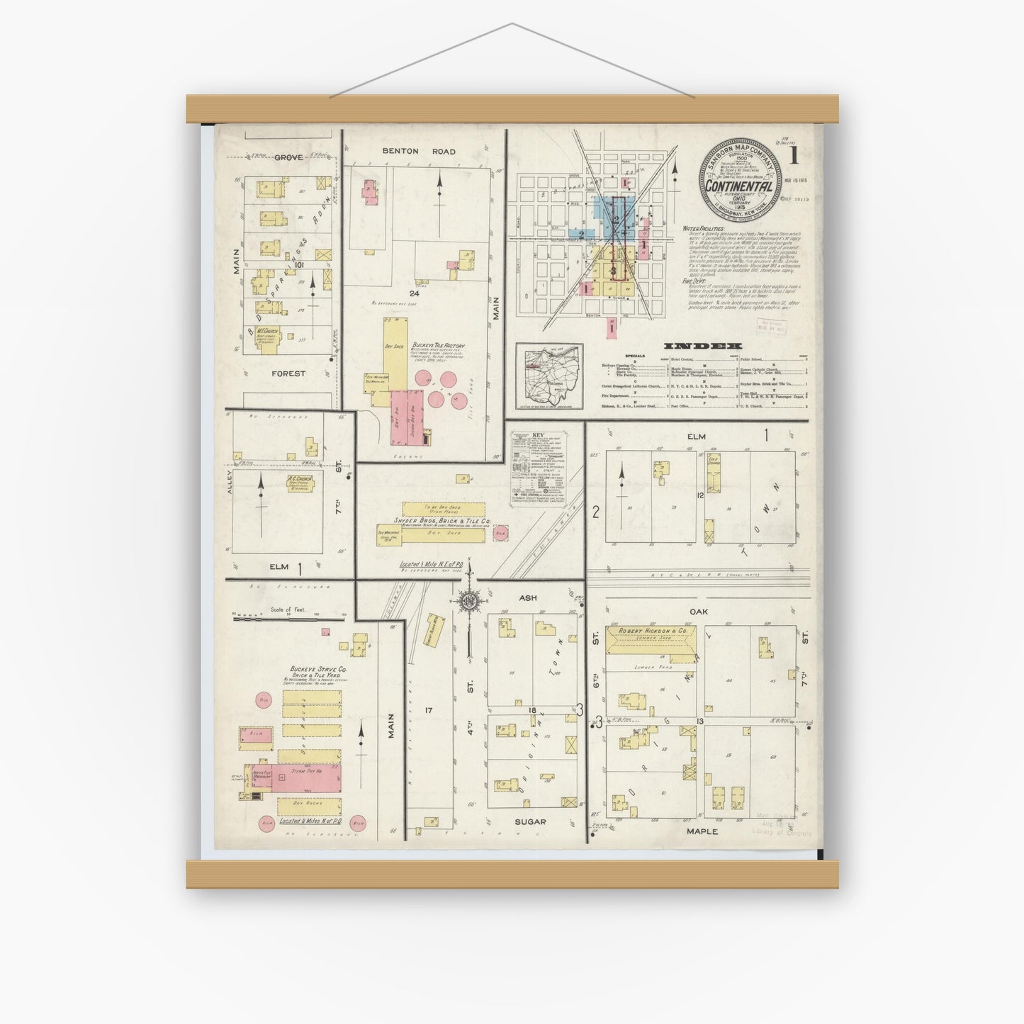 Old map wall art mockup — magnetic wood frame on white wall — Sanborn Fire Insurance Map from Continental, Putnam County, Ohio (1915), Sheet #0001