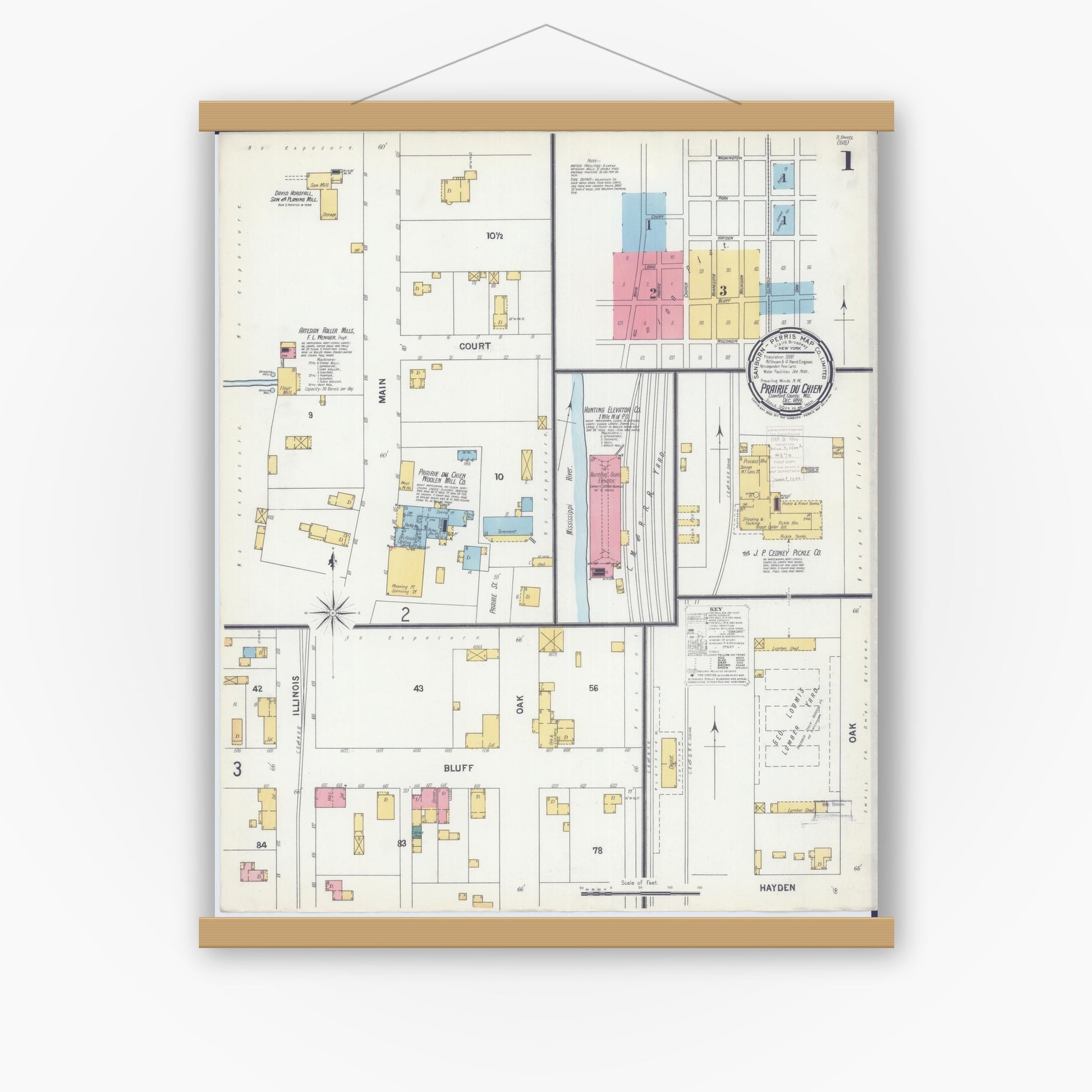 Old map wall art mockup — magnetic wood frame on white wall — Sanborn Fire Insurance Map from Prairie du Chien, Crawford County, Wisconsin (1899), Sheet #0001