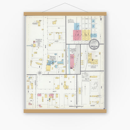 Old map wall art mockup — magnetic wood frame on white wall — Sanborn Fire Insurance Map from Prairie du Chien, Crawford County, Wisconsin (1899), Sheet #0001