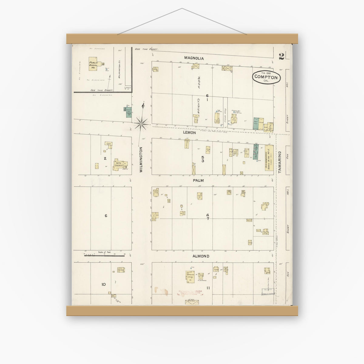 Old map wall art mockup — magnetic wood frame on white wall — Sanborn Fire Insurance Map from Compton, Los Angeles County, California (1888), Sheet #0002