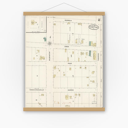 Old map wall art mockup — magnetic wood frame on white wall — Sanborn Fire Insurance Map from Compton, Los Angeles County, California (1888), Sheet #0002