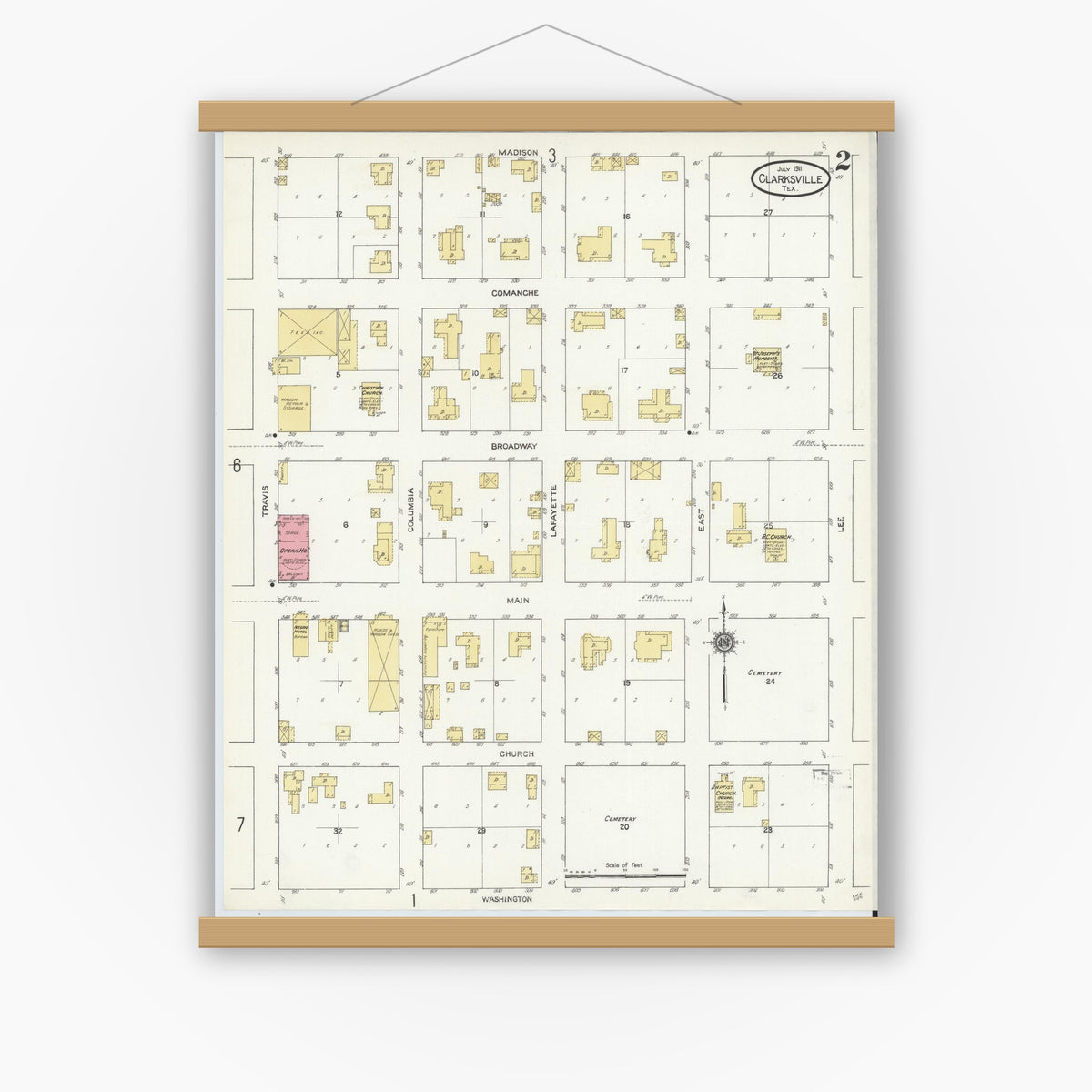 Old map wall art mockup — magnetic wood frame on white wall — Sanborn Fire Insurance Map from Clarksville, Red River County, Texas (1911), Sheet #0002