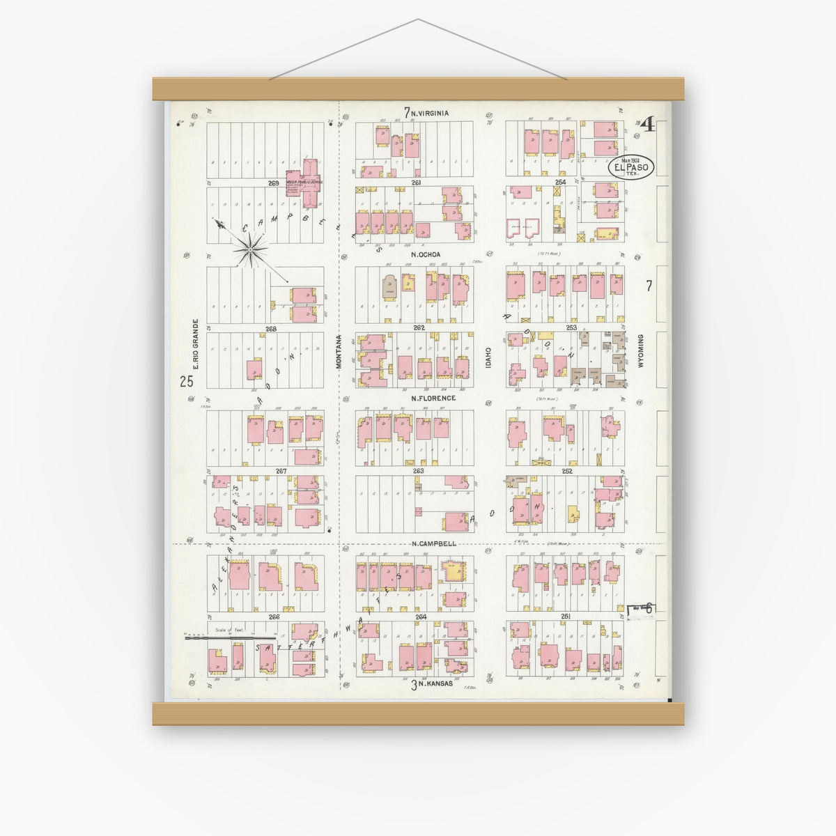 Old map wall art mockup — magnetic wood frame on white wall — Sanborn Fire Insurance Map from El Paso, El Paso County, Texas (1902), Sheet #0004