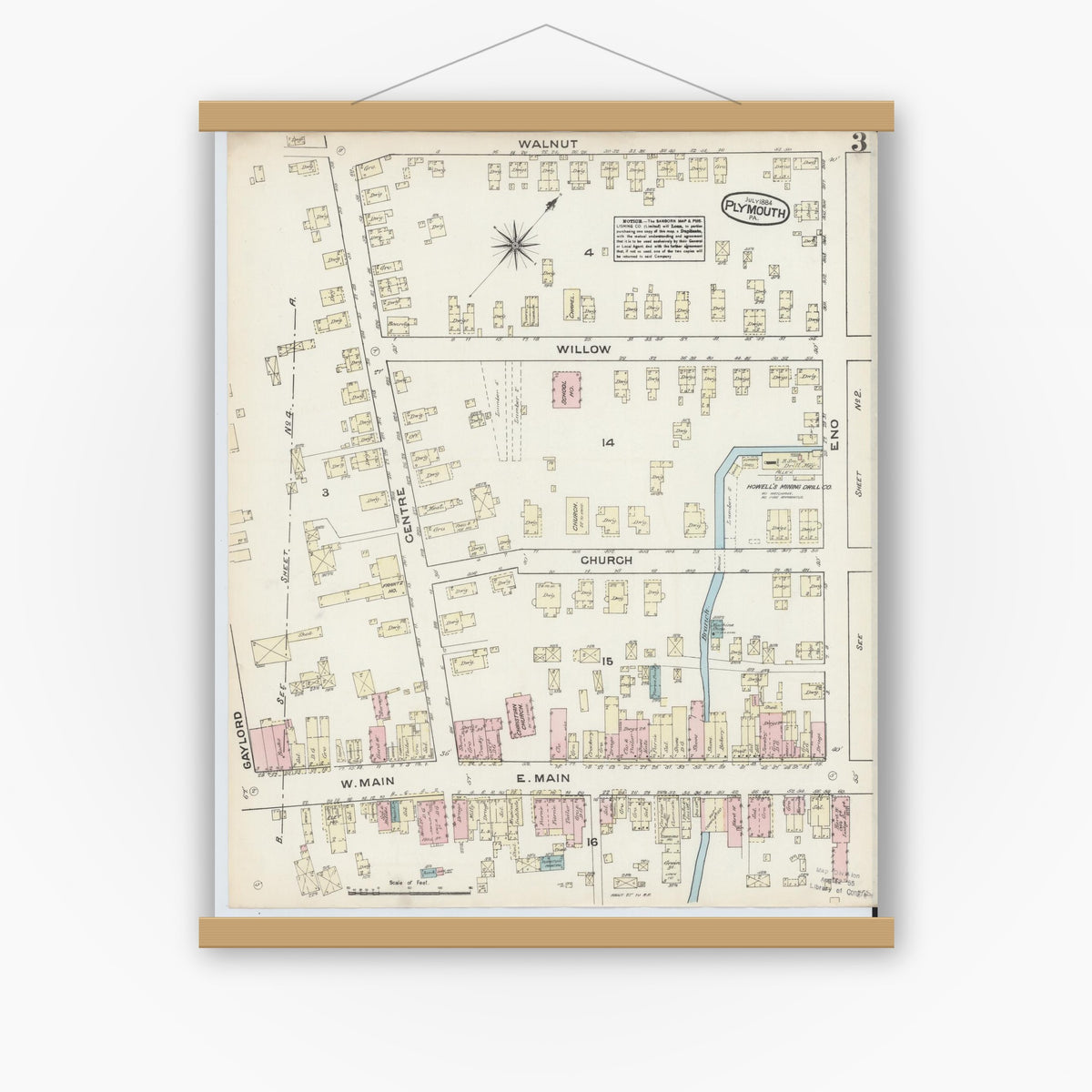 Old map wall art mockup — magnetic wood frame on white wall — Sanborn Fire Insurance Map from Plymouth, Luzerne County, Pennsylvania (1884), Sheet #0003