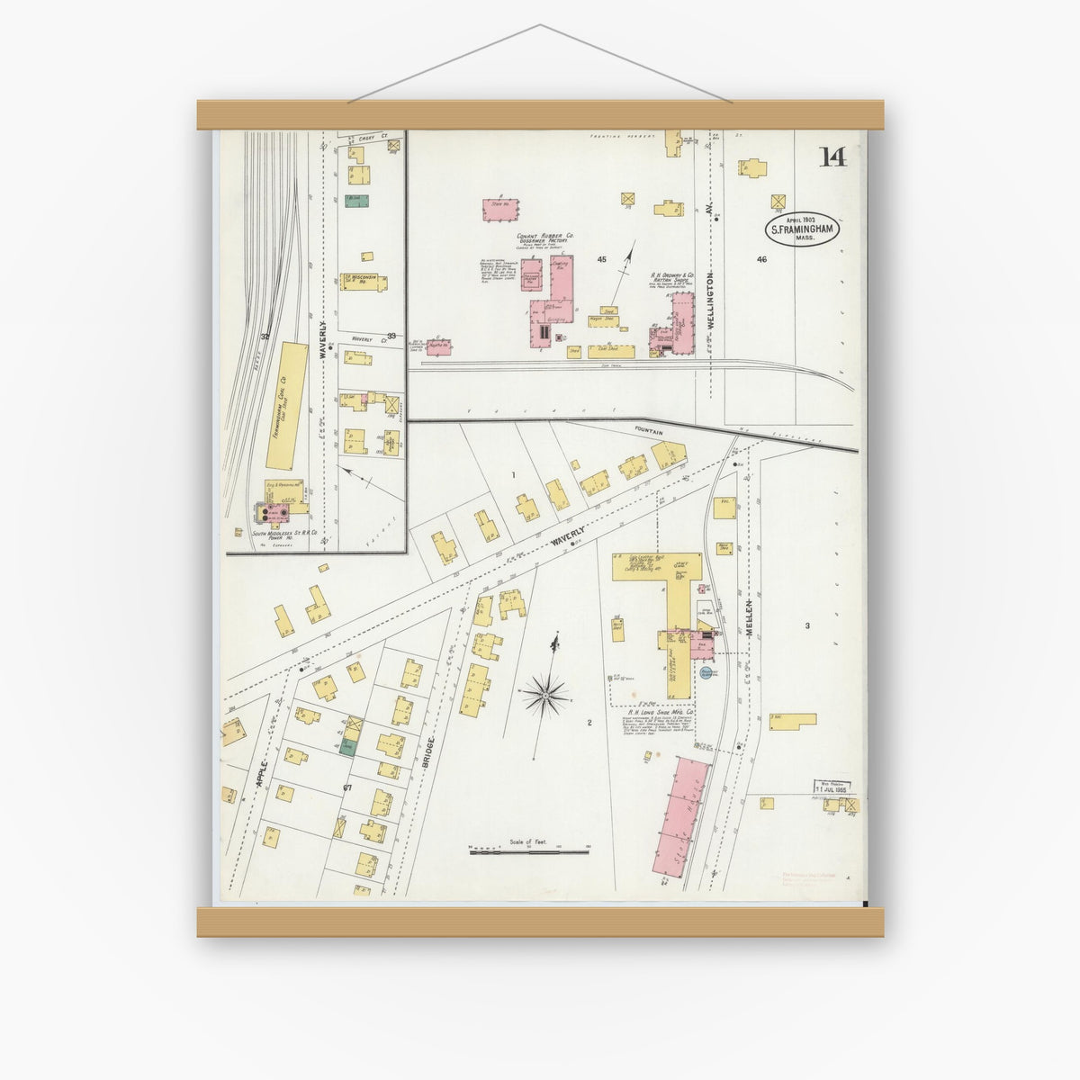 Old map wall art mockup — magnetic wood frame on white wall — Sanborn Fire Insurance Map from South Farmington, Middlesex County, Massachusetts (1903), Sheet #0014