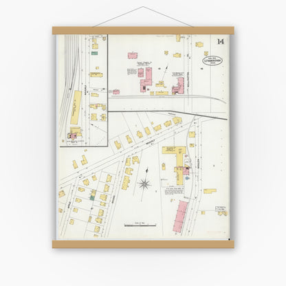Old map wall art mockup — magnetic wood frame on white wall — Sanborn Fire Insurance Map from South Farmington, Middlesex County, Massachusetts (1903), Sheet #0014