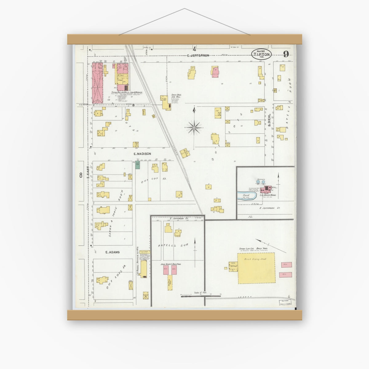 Old map wall art mockup — magnetic wood frame on white wall — Sanborn Fire Insurance Map from Tipton, Tipton County, Indiana (1902), Sheet #0009