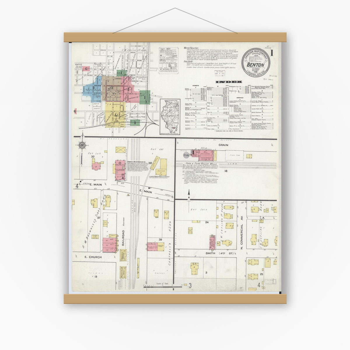 Old map wall art mockup — magnetic wood frame on white wall — Sanborn Fire Insurance Map from Benton, Franklin County, Illinois (1915), Sheet #0001