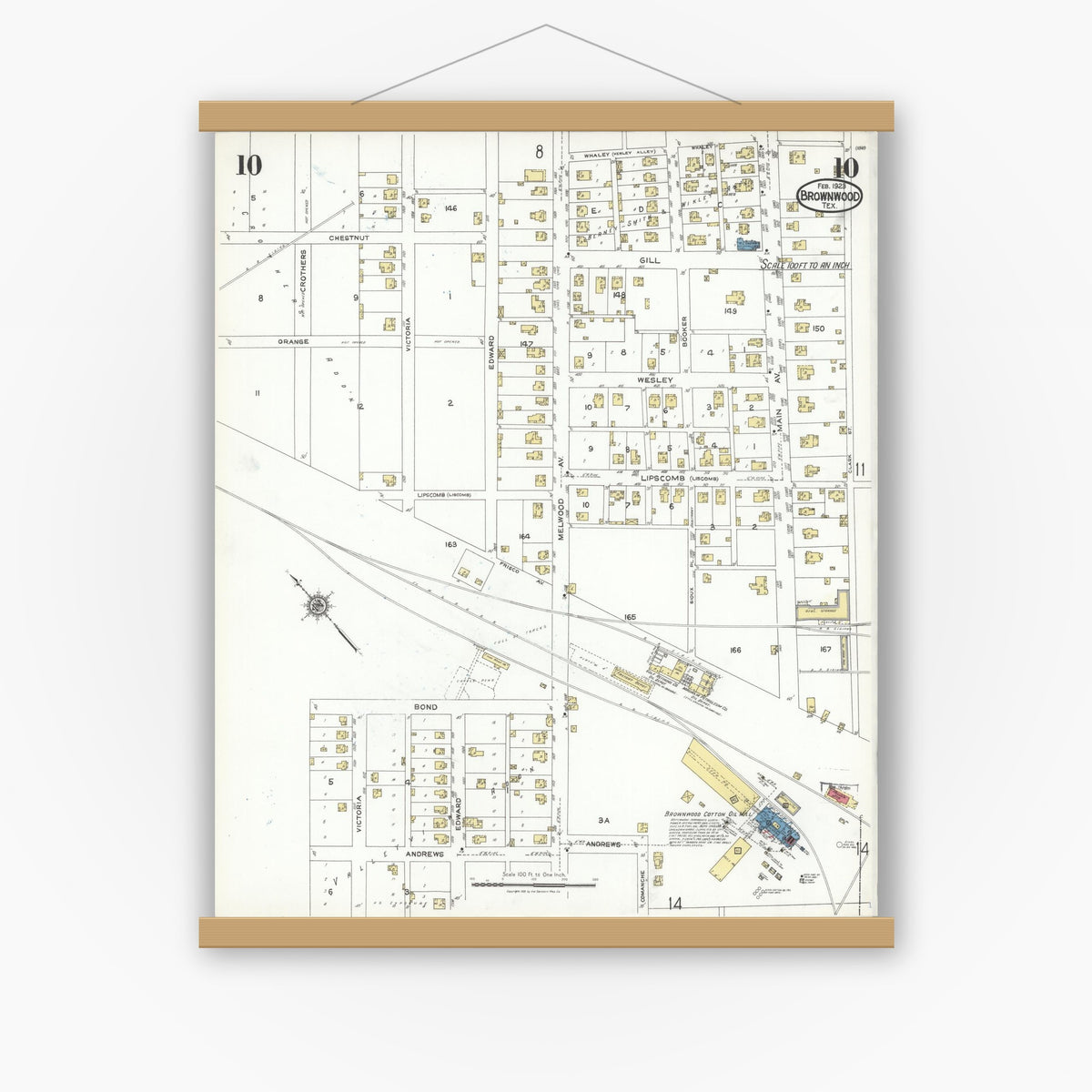 Old map wall art mockup — magnetic wood frame on white wall — Sanborn Fire Insurance Map from Brownwood, Brown County, Texas (1923), Sheet #0010