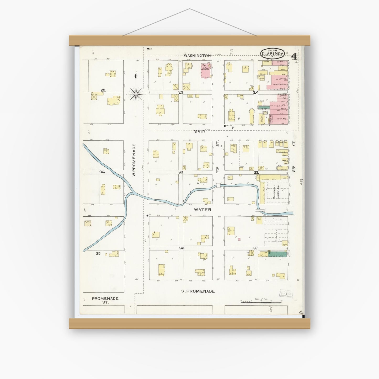 Old map wall art mockup — magnetic wood frame on white wall — Sanborn Fire Insurance Map from Clarinda, Page County, Iowa (1893), Sheet #0004