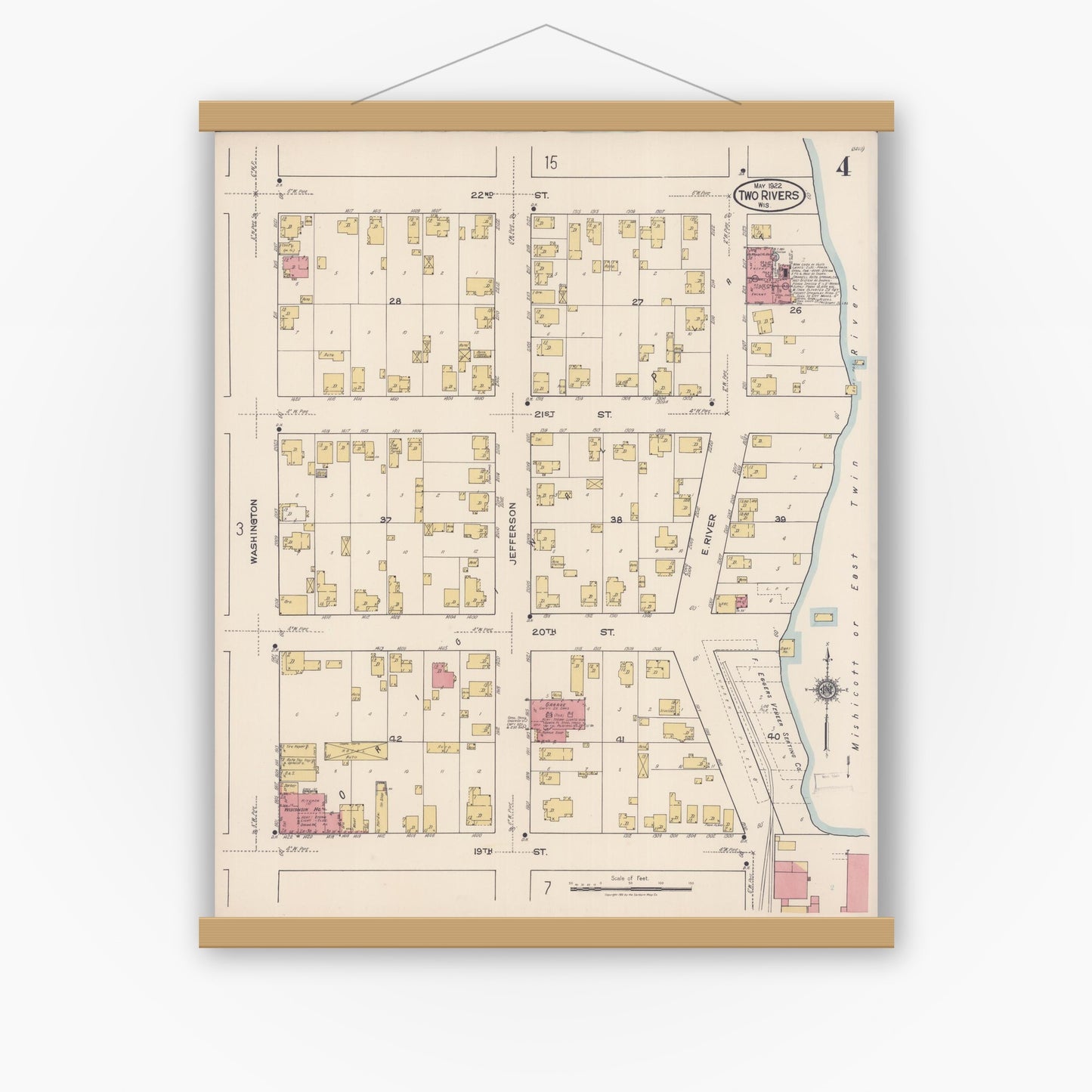 Old map wall art mockup — magnetic wood frame on white wall — Sanborn Fire Insurance Map from Two Rivers, Manitowoc County, Wisconsin (1922), Sheet #0004