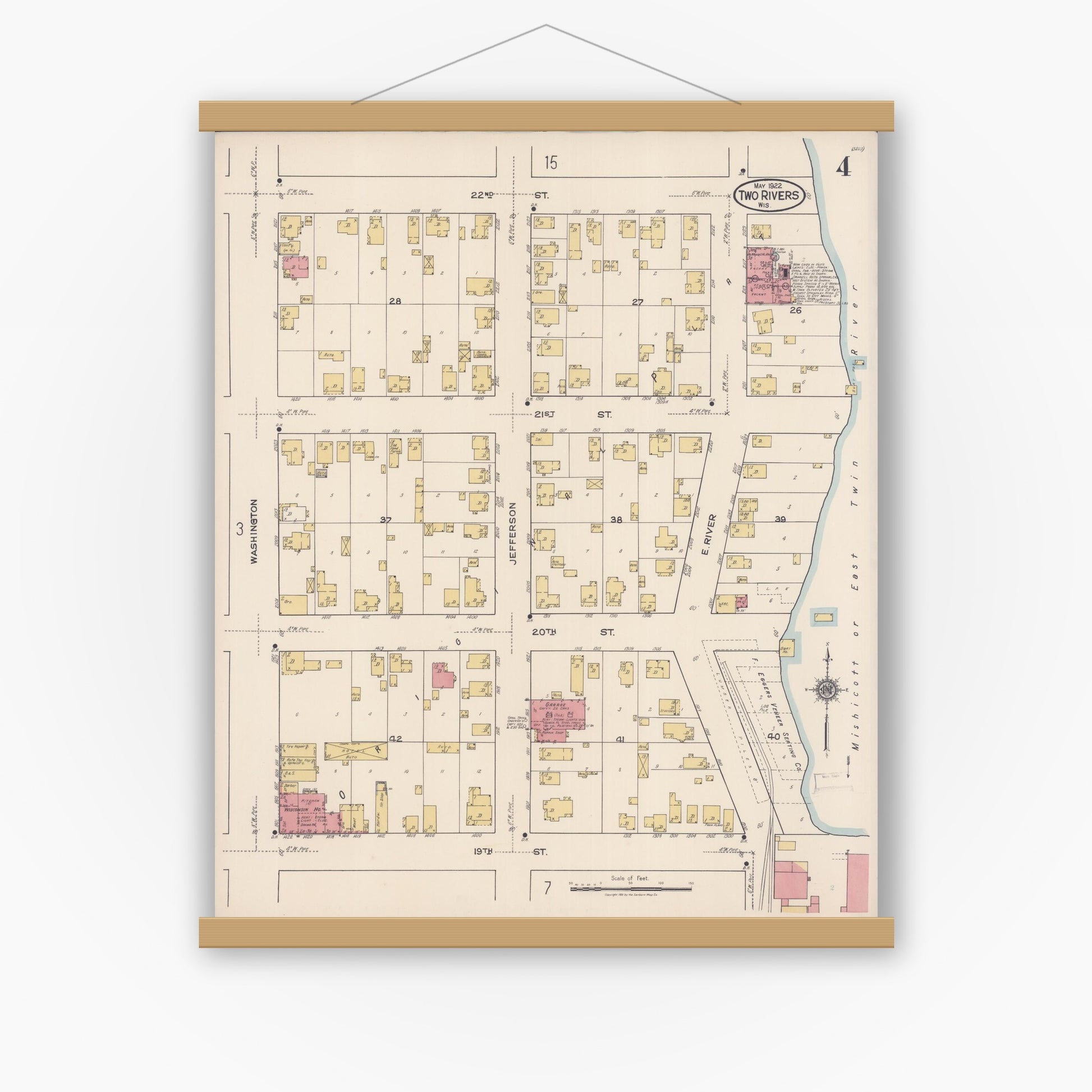 Old map wall art mockup — magnetic wood frame on white wall — Sanborn Fire Insurance Map from Two Rivers, Manitowoc County, Wisconsin (1922), Sheet #0004