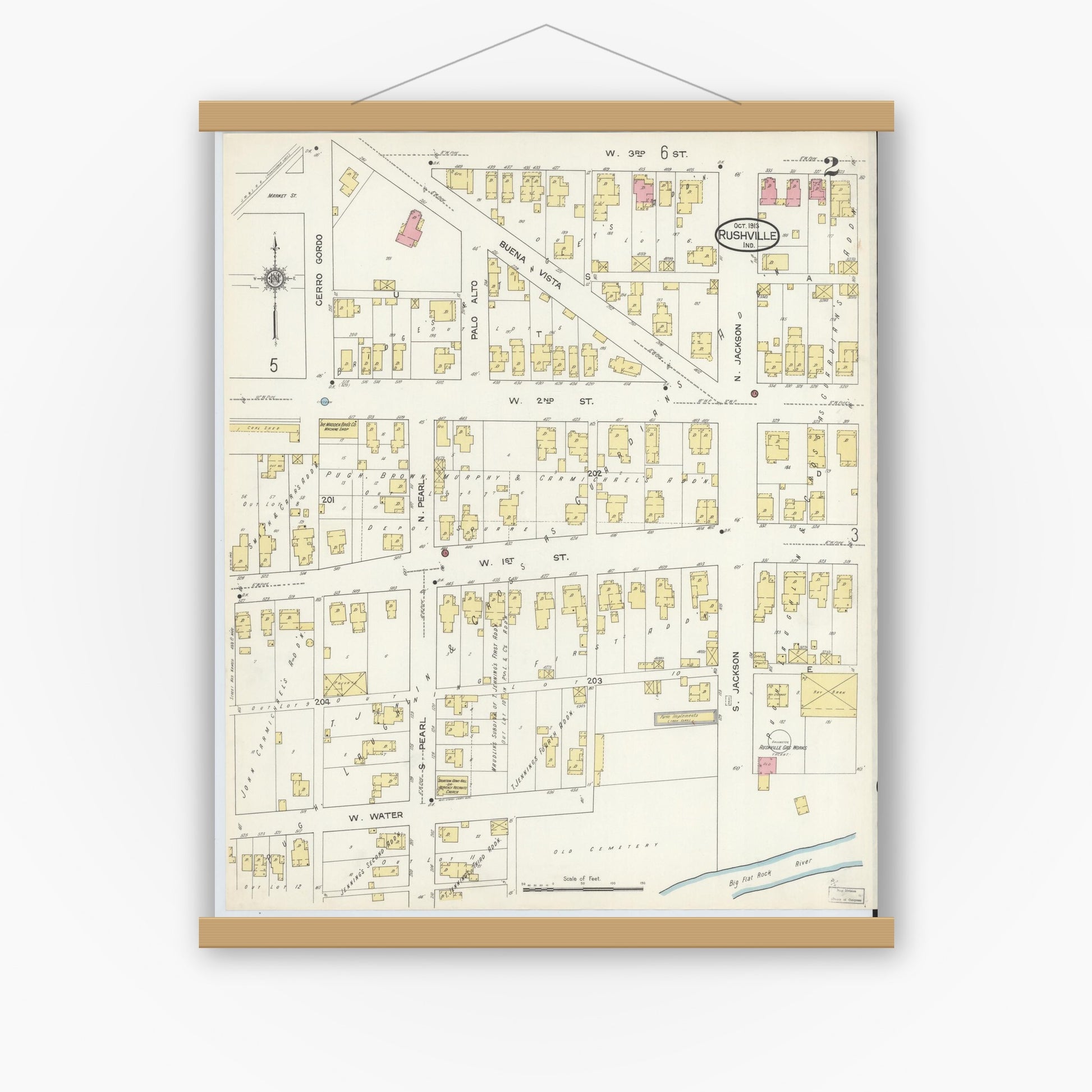Old map wall art mockup — magnetic wood frame on white wall — Sanborn Fire Insurance Map from Rushville, Rush County, Indiana (1913), Sheet #0002