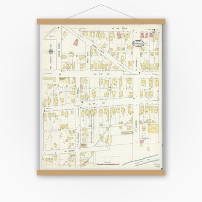 Old map wall art mockup — magnetic wood frame on white wall — Sanborn Fire Insurance Map from Rushville, Rush County, Indiana (1913), Sheet #0002