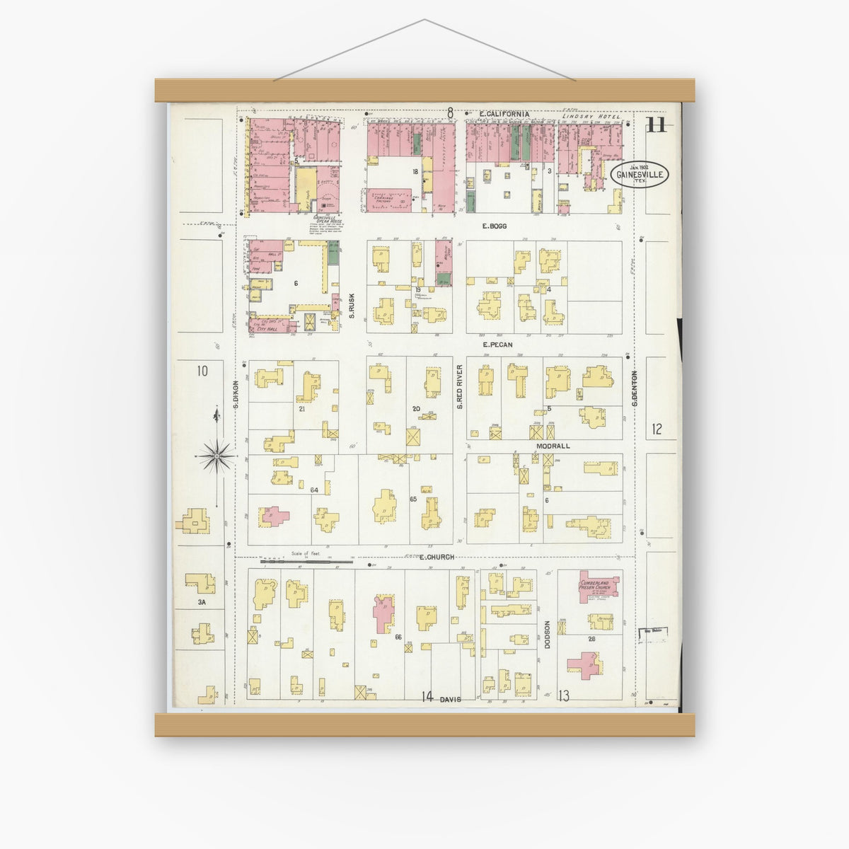 Old map wall art mockup — magnetic wood frame on white wall — Sanborn Fire Insurance Map from Gainesville, Cooke County, Texas (1902), Sheet #0011