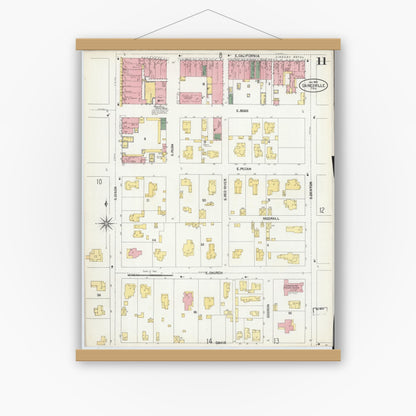Old map wall art mockup — magnetic wood frame on white wall — Sanborn Fire Insurance Map from Gainesville, Cooke County, Texas (1902), Sheet #0011